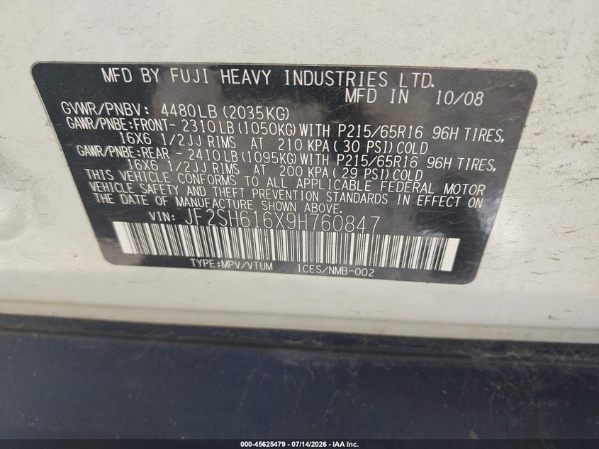 2009 Subaru Forester VIN JF2SH616X9H760847 IAAI salvage auction — NORMAL WEAR, Clear (Virginia), sold $25 on 2026-07-21 (photo 9)