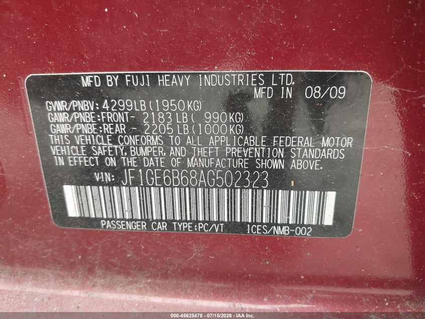 2010 Subaru Impreza VIN JF1GE6B68AG502323 IAAI salvage auction — NORMAL WEAR, Clear (New York), sold $25 on 2026-07-28 (photo 9)