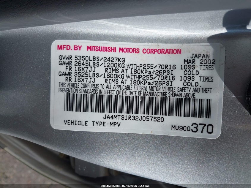 2002 Mitsubishi Montero VIN JA4MT31R32J057520 IAAI salvage auction — NORMAL WEAR, Clear - Public Restricted (Oregon), sold $275 on 2026-07-30 (photo 9)