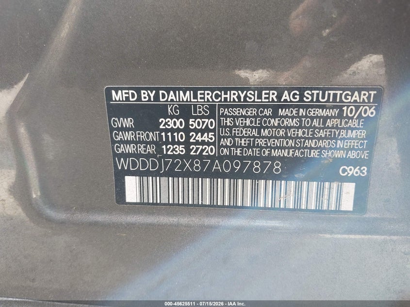 2007 Mercedes-benz Cls-class VIN WDDDJ72X87A097878 IAAI salvage auction — NORMAL WEAR, Clear (Georgia), sold $675 on 2026-08-06 (photo 9)