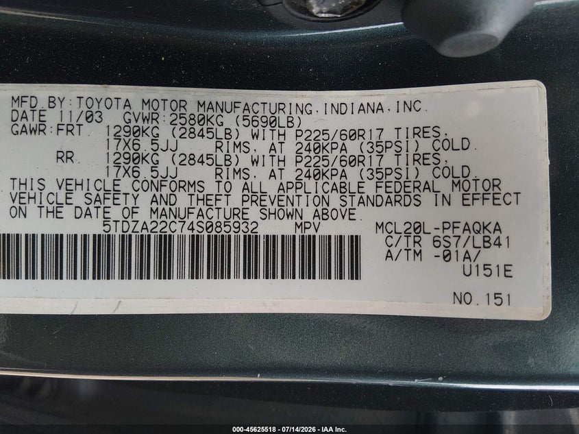 2004 Toyota Sienna VIN 5TDZA22C74S085932 IAAI salvage auction — NORMAL WEAR, Clear (Georgia), sold $600 on 2026-07-23 (photo 9)