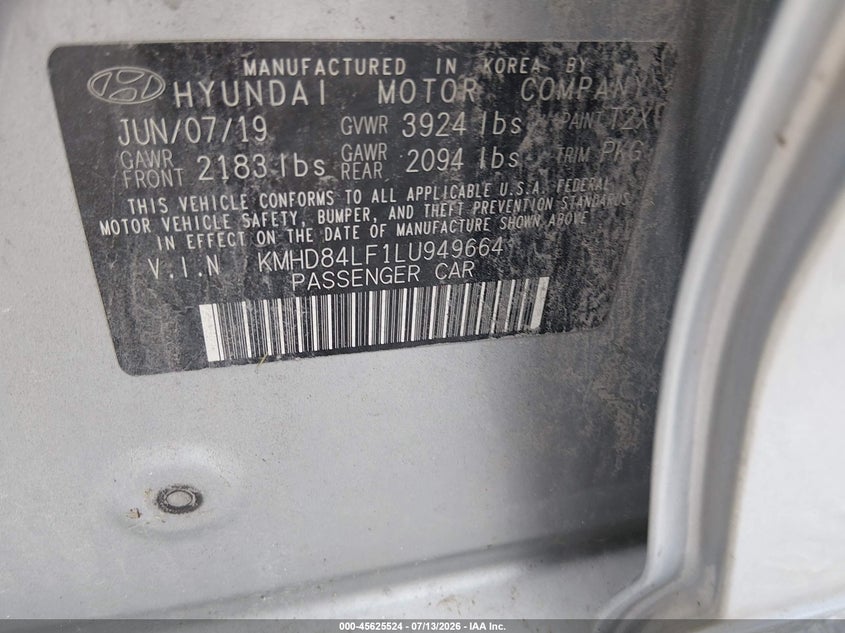 2020 Hyundai Elantra VIN KMHD84LF1LU949664 IAAI salvage auction — LEFT FRONT, Salvage Title, sold $1,550 on 2026-07-20 (photo 9)