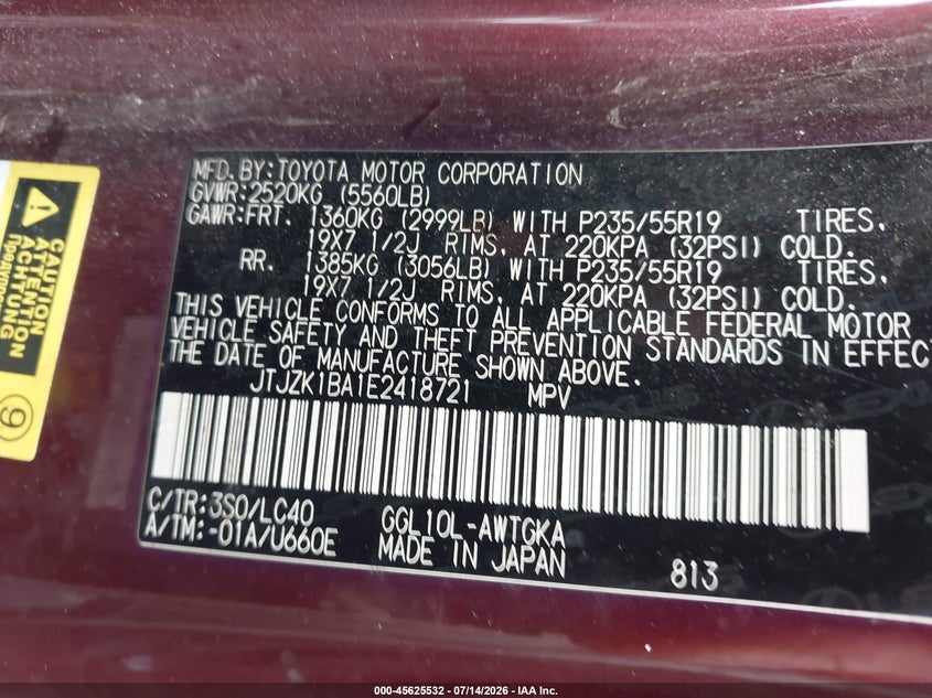 2014 Lexus Rx VIN JTJZK1BA1E2418721 IAAI salvage auction — RIGHT FRONT, Salvage (Arizona), sold $6,100 on 2026-08-02 (photo 9)