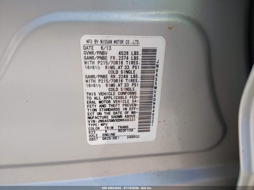 2013 Nissan Rogue VIN JN8AS5MVXDW649331 IAAI salvage auction — NORMAL WEAR, Clear (North Carolina), sold $350 on 2026-07-29 (photo 9)