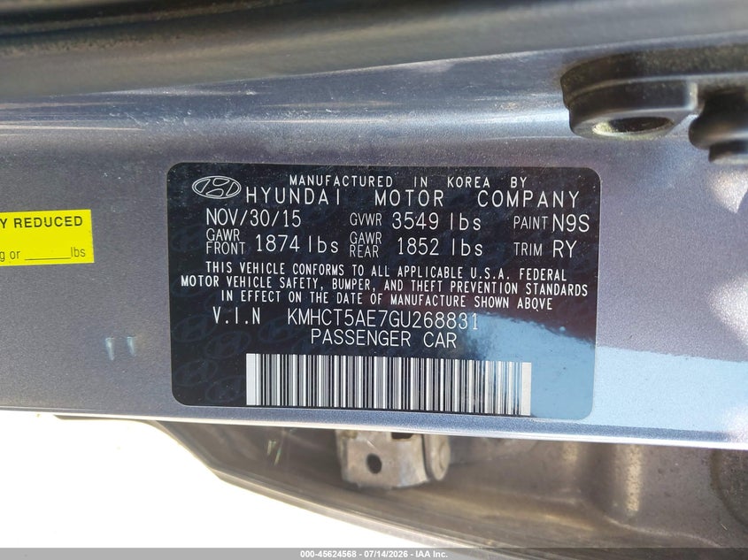 2016 Hyundai Accent VIN KMHCT5AE7GU268831 IAAI salvage auction — NORMAL WEAR, Clear (Illinois), sold $475 on 2026-07-29 (photo 9)