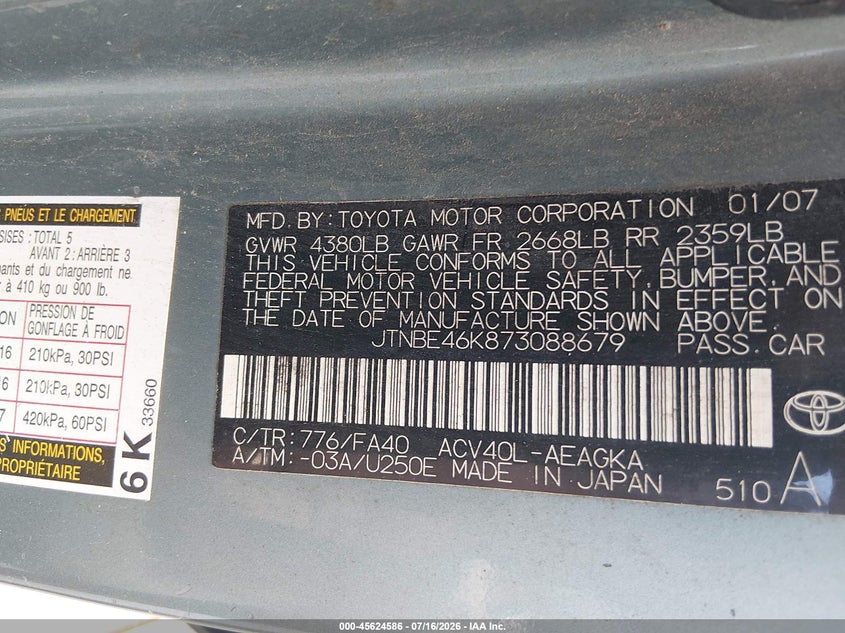 2007 Toyota Camry VIN JTNBE46K873088679 IAAI salvage auction — NORMAL WEAR, Clear-Dealer Only (North Carolina), sold $475 on 2026-07-29 (photo 9)