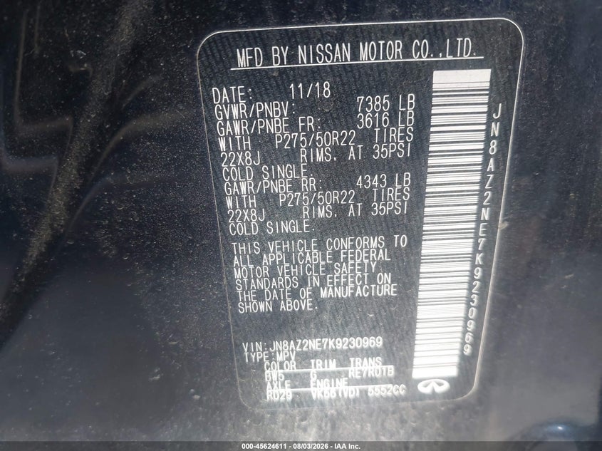 2019 Infiniti Qx80 VIN JN8AZ2NE7K9230969 IAAI salvage auction — HAIL, Salvage (Ohio), sold $11,500 on 2026-08-18 (photo 9)