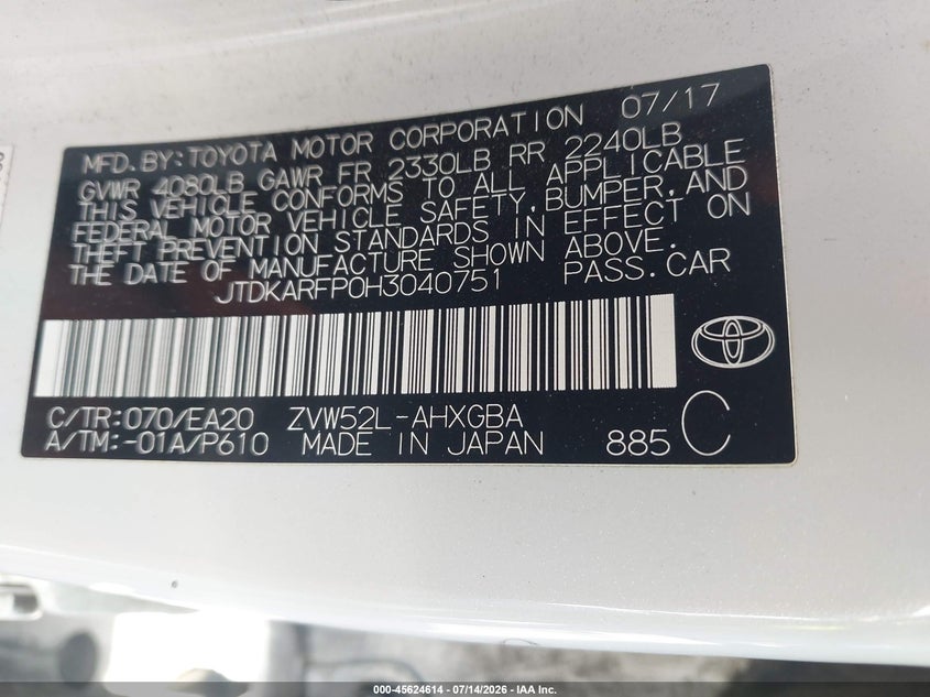 2017 Toyota Prius VIN JTDKARFP0H3040751 IAAI salvage auction — FRONT END, Salvage (California), sold $6,600 on 2026-07-22 (photo 9)