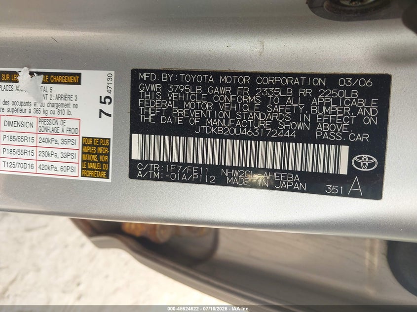 2006 Toyota Prius VIN JTDKB20U463172444 IAAI salvage auction — FRONT END, Salvage (Pennsylvania), sold $425 on 2026-07-26 (photo 9)