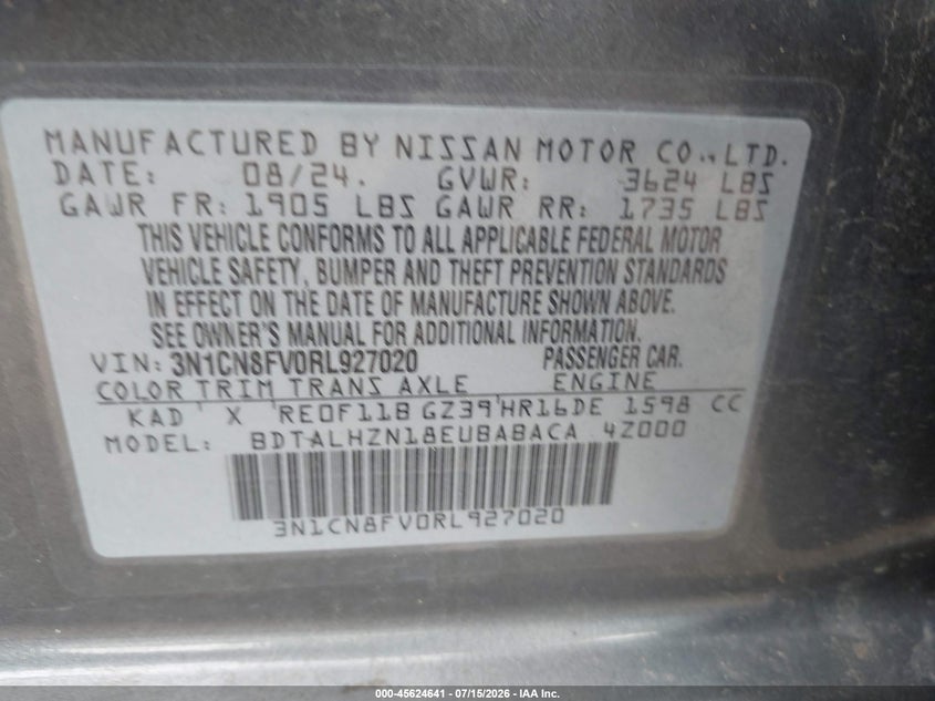 2024 Nissan Versa VIN 3N1CN8FV0RL927020 IAAI salvage auction — FRONT END, Rebuildable (Florida), sold $3,100 on 2026-07-22 (photo 9)