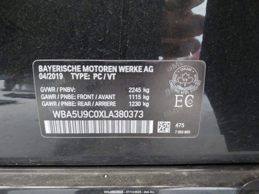 2020 BMW VIN WBA5U9C0XLA380373 IAAI salvage auction — FRONT END, Salvage Title, sold $11,100 on 2026-07-29 (photo 9)