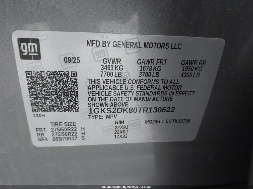2026 Gmc Yukon VIN 1GKS2DK80TR130622 IAAI salvage auction — REAR END, Mv-907A (New York), sold $36,250 on 2026-07-30 (photo 9)