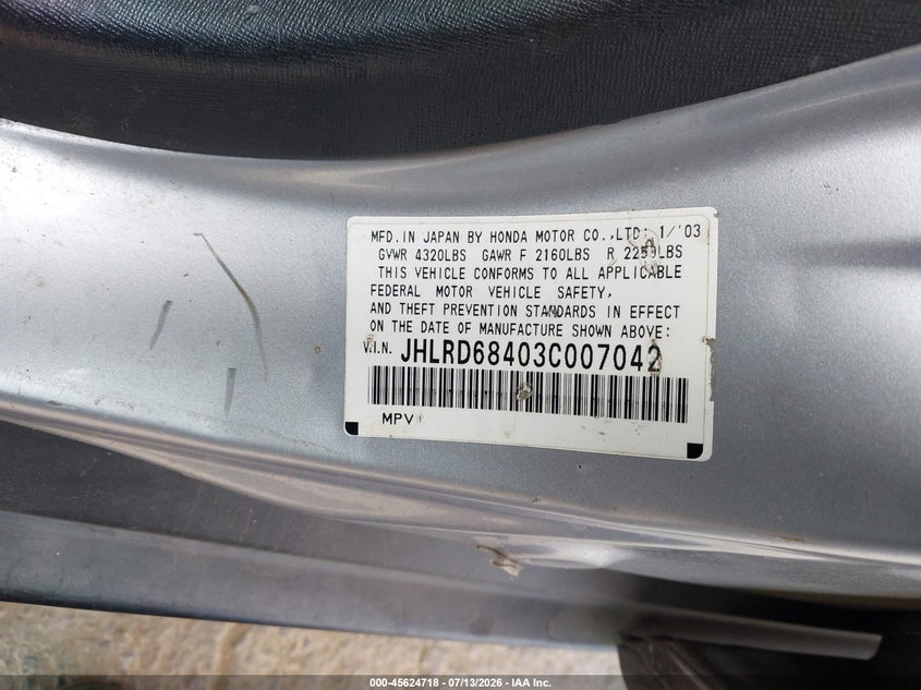 2003 Honda Cr-v VIN JHLRD68403C007042 IAAI salvage auction — NORMAL WEAR, Clear - Dealer Only (California), sold $625 on 2026-07-29 (photo 9)