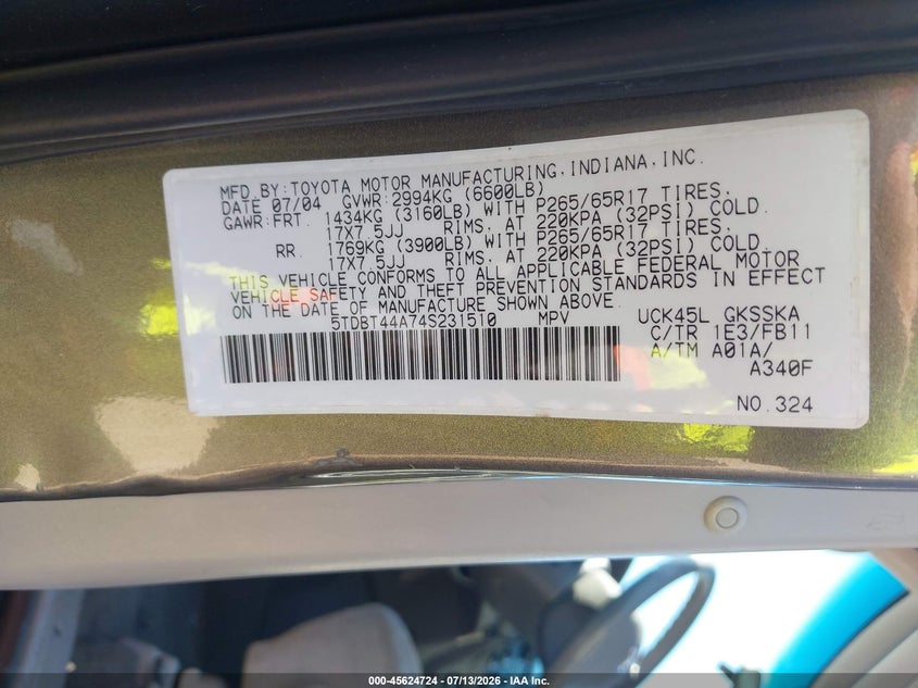 2004 Toyota Sequoia VIN 5TDBT44A74S231510 IAAI salvage auction — NORMAL WEAR, Clear (Illinois), sold $500 on 2026-07-29 (photo 9)