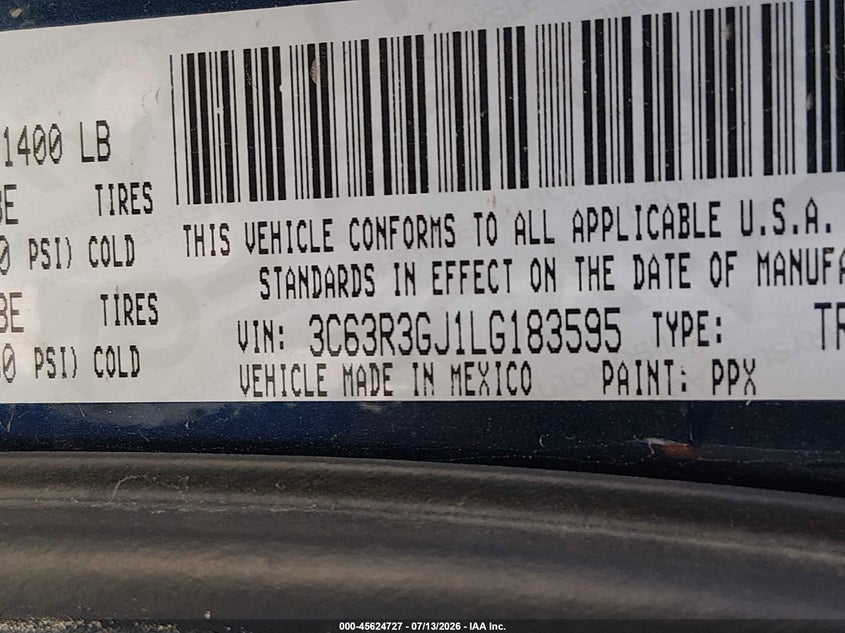 2020 Ram 3500 VIN 3C63R3GJ1LG183595 IAAI salvage auction — NORMAL WEAR, Sf97 (Oregon), sold $8,100 on 2026-07-29 (photo 9)