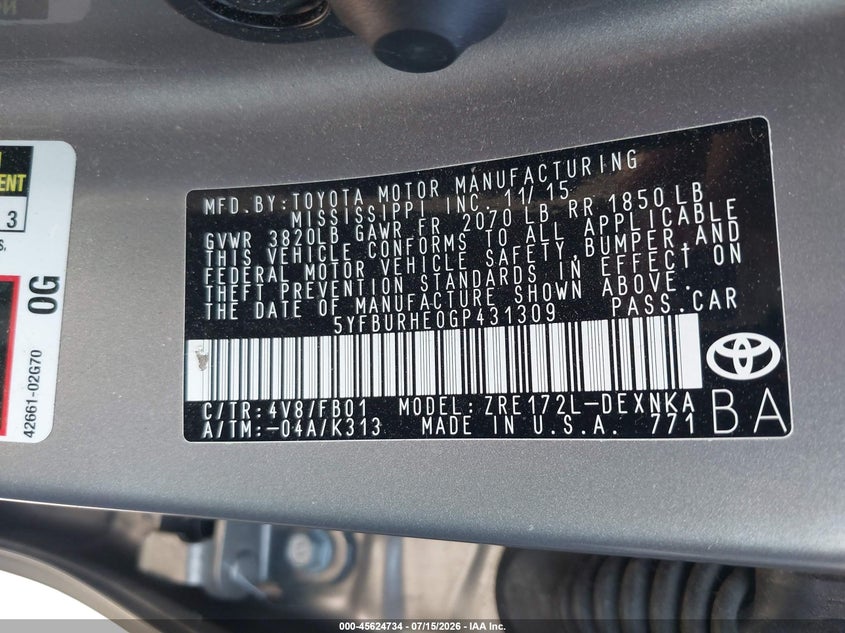 2016 Toyota Corolla VIN 5YFBURHE0GP431309 IAAI salvage auction — RIGHT FRONT, Salvage Certificate (California), sold $2,050 on 2026-07-26 (photo 9)