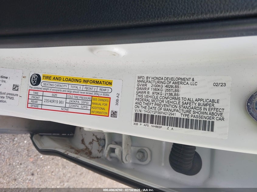 2023 Honda Accord VIN 1HGCY2F56PA012941 IAAI salvage auction — WATER/FLOOD, Salvage Title, sold $11,300 on 2026-08-01 (photo 9)