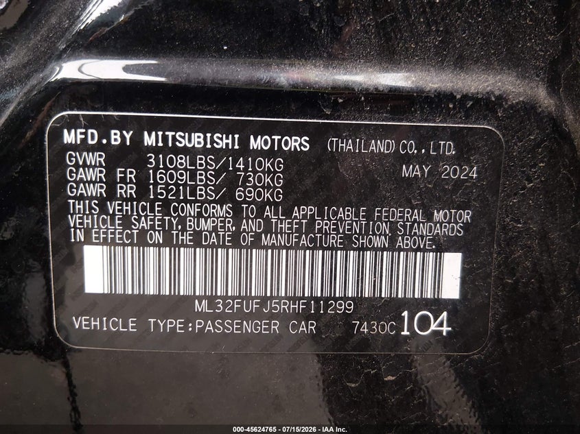 2024 Mitsubishi Mirage VIN ML32FUFJ5RHF11299 IAAI salvage auction — LEFT FRONT, Mv-907A (New York), sold $1,400 on 2026-09-05 (photo 9)