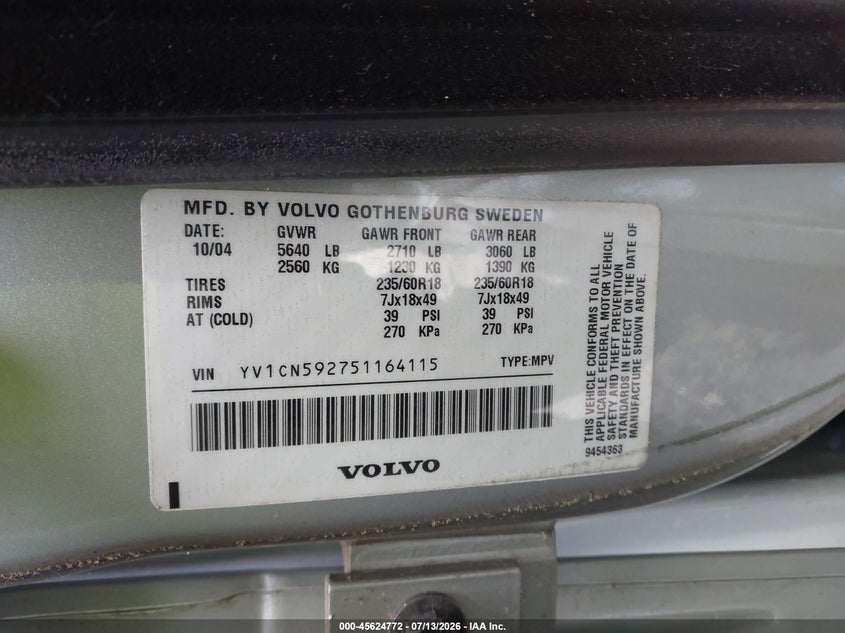 2005 Volvo Xc90 VIN YV1CN592751164115 IAAI salvage auction — NORMAL WEAR, Salvage (Alabama), sold $325 on 2026-07-24 (photo 9)