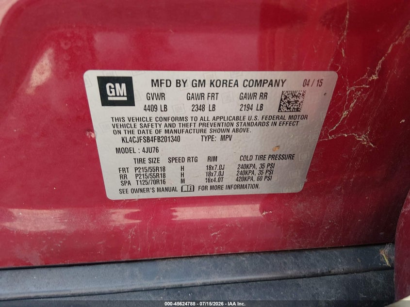 2015 Buick Encore VIN KL4CJFSB4FB201340 IAAI salvage auction — NORMAL WEAR, Clear (Illinois), sold $50 on 2026-07-21 (photo 9)