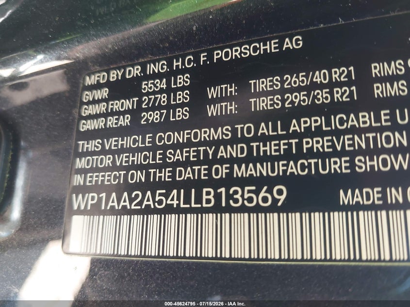 2020 Porsche Macan VIN WP1AA2A54LLB13569 IAAI salvage auction — FRONT END, Salvage (North Carolina), sold $14,275 on 2026-08-10 (photo 9)
