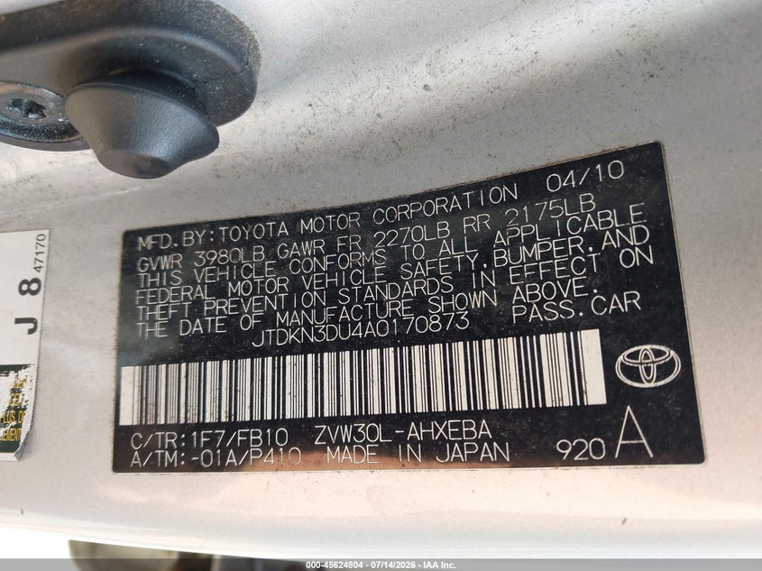2010 Toyota Prius VIN JTDKN3DU4A0170873 IAAI salvage auction — NORMAL WEAR, Clear (New York), sold $25 on 2026-07-21 (photo 9)