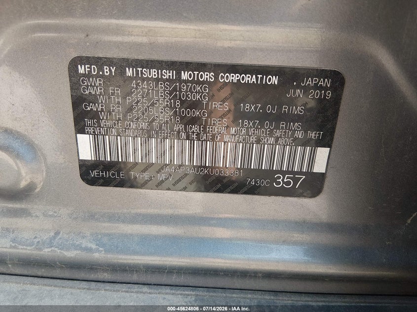 2019 Mitsubishi Outlander VIN JA4AP3AU2KU033381 IAAI salvage auction — ENGINE DAMAGE, Salvage Title, sold $750 on 2026-08-01 (photo 9)