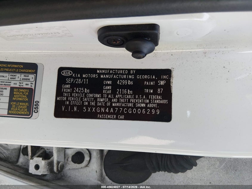 2012 Kia Optima VIN 5XXGN4A77CG006299 IAAI salvage auction — REAR END, Rebuildable (Florida), sold $25 on 2026-07-23 (photo 9)
