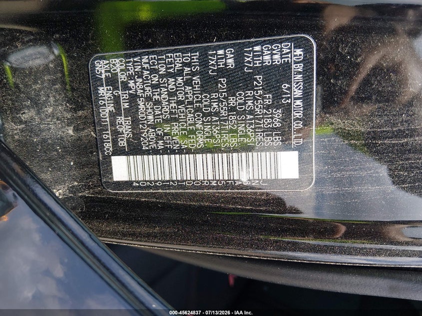 2013 Nissan Juke VIN JN8AF5MR0DT219204 IAAI salvage auction — NORMAL WEAR, Clear (Mississippi), sold $225 on 2026-07-21 (photo 9)