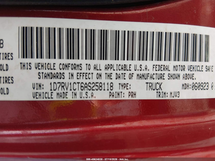 2010 Dodge Ram 1500 VIN 1D7RV1CT6AS258118 IAAI salvage auction — SIDE, Salvage (Georgia), sold $1,350 on 2026-08-02 (photo 9)