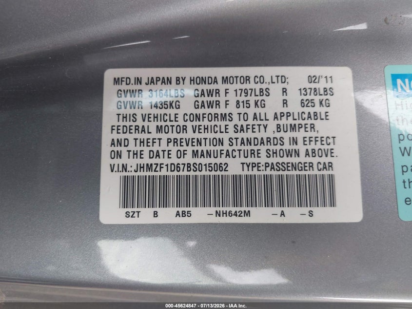 2011 Honda Cr-z VIN JHMZF1D67BS015062 IAAI salvage auction — LEFT SIDE, Clear - Dealer Only (California), sold $400 on 2026-07-29 (photo 9)