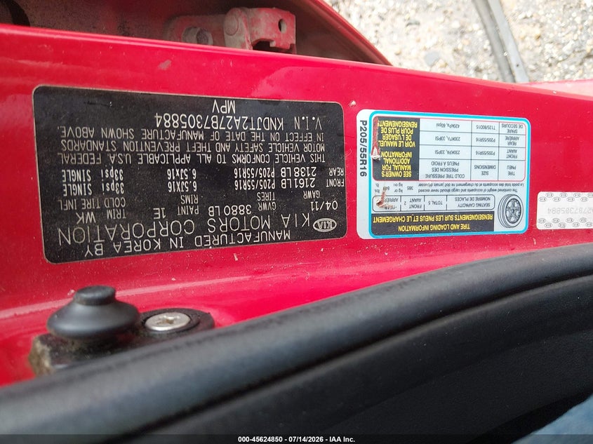 2011 Kia Soul VIN KNDJT2A27B7305884 IAAI salvage auction — NORMAL WEAR, Original (Texas), sold $25 on 2026-07-22 (photo 9)