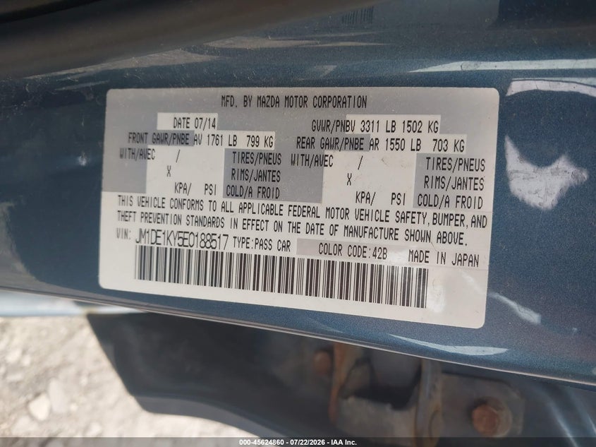 2014 Mazda 2 VIN JM1DE1KY5E0188517 IAAI salvage auction — NORMAL WEAR, Clear-Endorsement (Wisconsin), sold $625 on 2026-07-30 (photo 9)