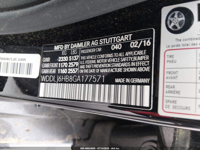 2016 Mercedes-benz Cls-class VIN WDDLJ6HB8GA177571 IAAI salvage auction — NORMAL WEAR, Clear (Georgia), sold $2,050 on 2026-07-29 (photo 9)