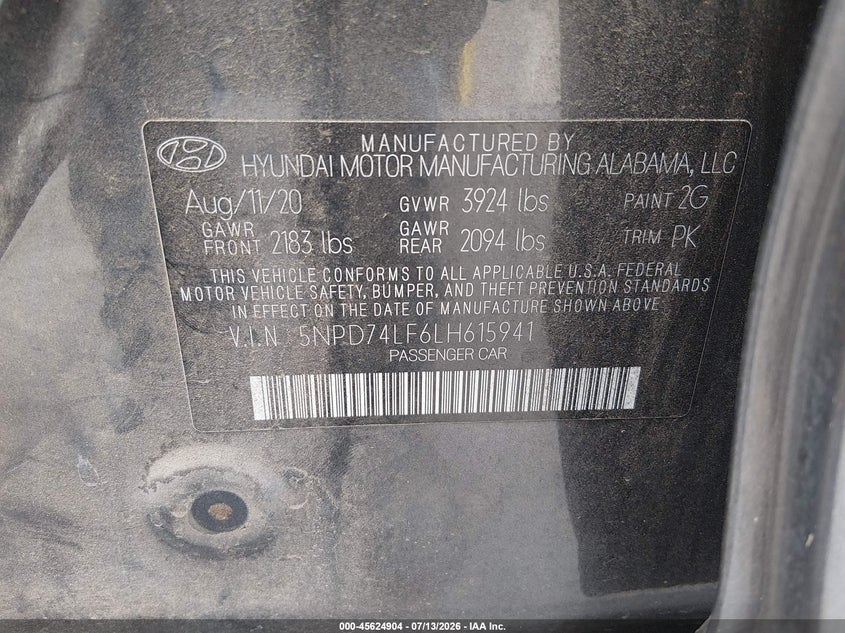 2020 Hyundai Elantra VIN 5NPD74LF6LH615941 IAAI salvage auction — RIGHT SIDE, Sf97 (California), sold $9,125 on 2026-07-30 (photo 9)