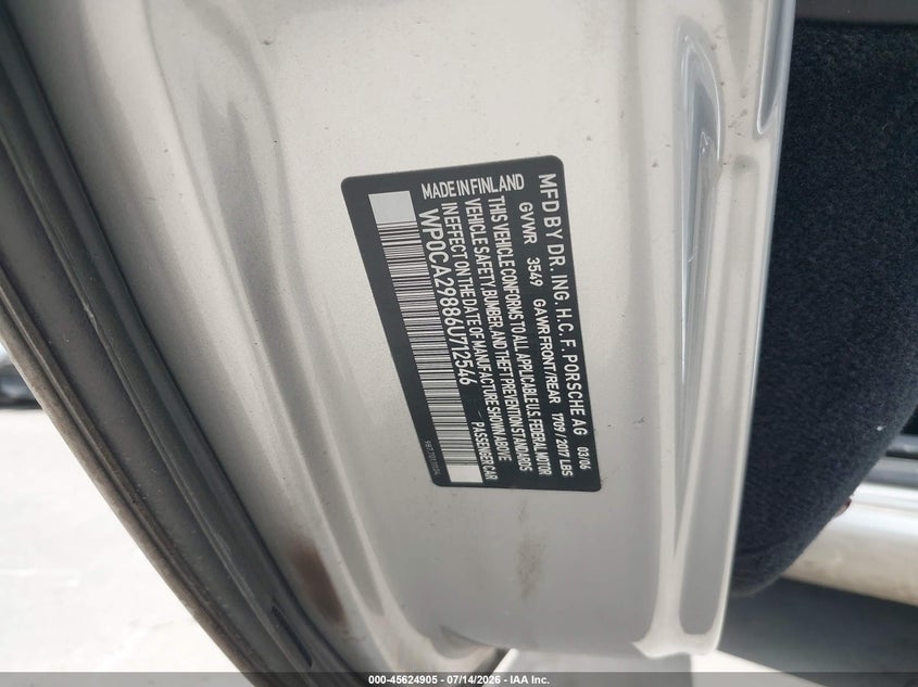 2006 Porsche Boxster VIN WP0CA29886U712546 IAAI salvage auction — FRONT & REAR, Salvage (Texas), sold $3,750 on 2026-08-19 (photo 9)