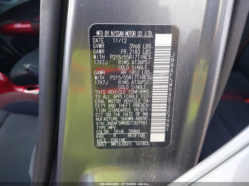 2013 Nissan Juke VIN JN8AF5MR8DT207981 IAAI salvage auction — NORMAL WEAR, Original (Texas), sold $1,400 on 2026-07-29 (photo 9)