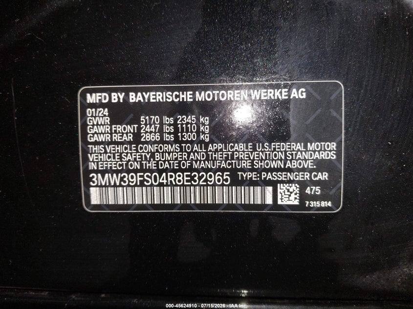 2024 BMW 3er VIN 3MW39FS04R8E32965 IAAI salvage auction — UNDERCARRIAGE, Salvage (Maine), sold $17,700 on 2026-08-29 (photo 9)