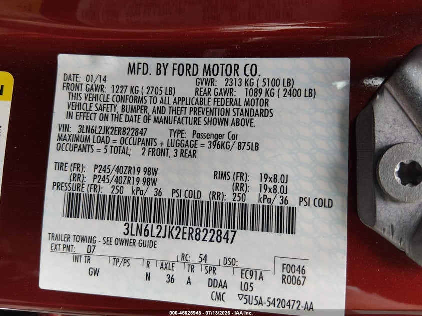 2014 Lincoln Mkz VIN 3LN6L2JK2ER822847 IAAI salvage auction — UNKNOWN, Salvage Title, sold $1,650 on 2026-07-24 (photo 9)