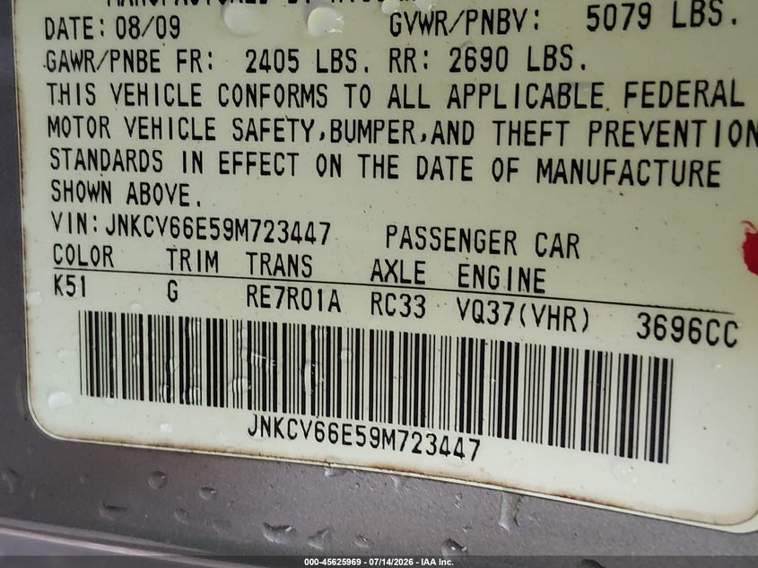 2009 Infiniti G37 VIN JNKCV66E59M723447 IAAI salvage auction — FRONT END, Salvage (Louisiana), sold $1,200 on 2026-08-23 (photo 9)