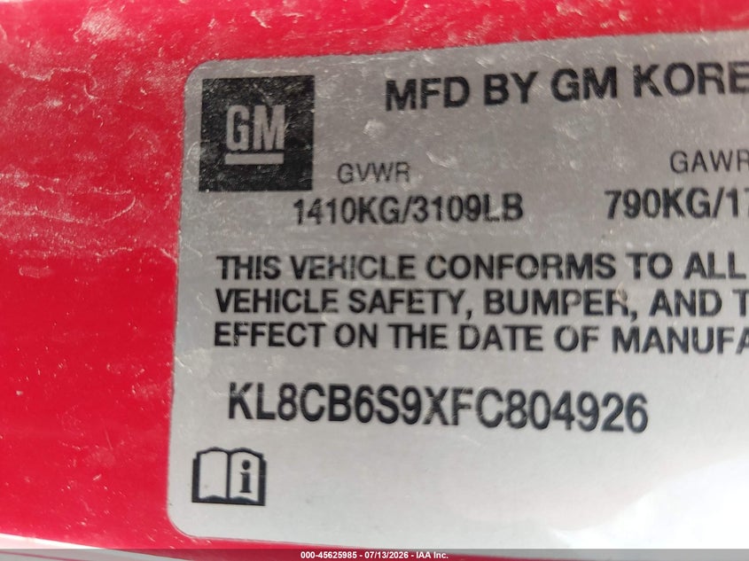 2015 Chevrolet Spark VIN KL8CB6S9XFC804926 IAAI salvage auction — FRONT END, Salvage Title, sold $1,100 on 2026-07-28 (photo 9)