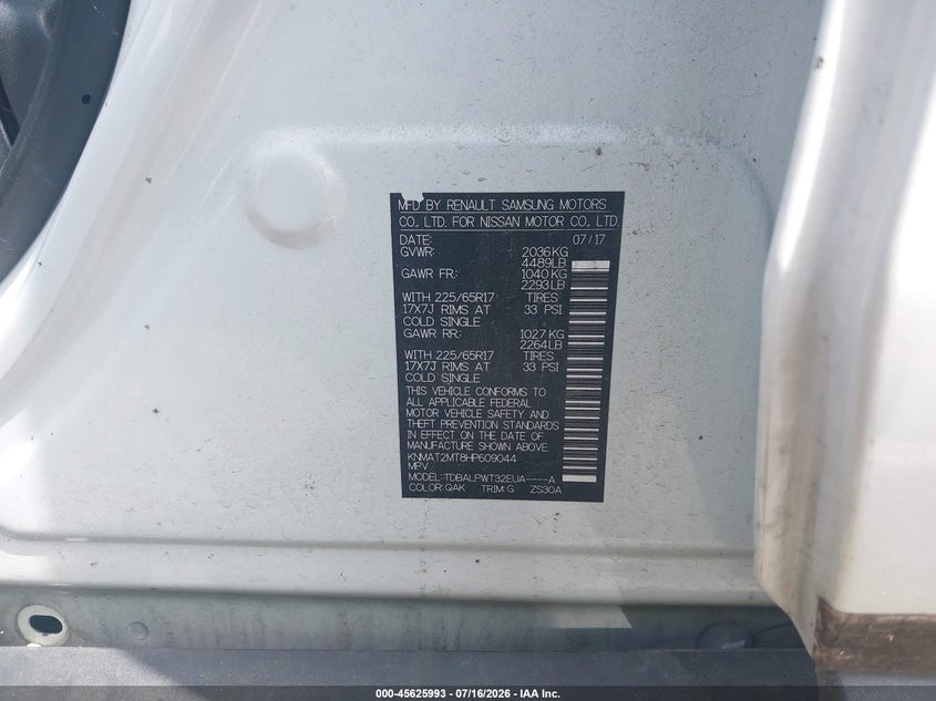 2017 Nissan Rogue VIN KNMAT2MT8HP609044 IAAI salvage auction — FRONT END, Salvage Title, sold $1,500 on 2026-07-24 (photo 9)
