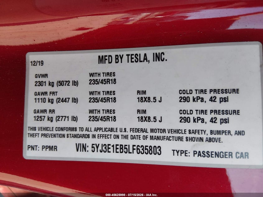 2020 Tesla Model 3 VIN 5YJ3E1EB5LF635803 IAAI salvage auction — ROOF, Bill Of Sale (Washington), sold $4,100 on 2026-07-30 (photo 9)