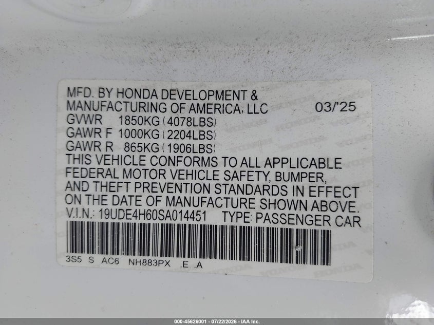 2025 Acura Integra VIN 19UDE4H60SA014451 IAAI salvage auction — FRONT END, Salvage Title, sold $8,500 on 2026-09-02 (photo 9)
