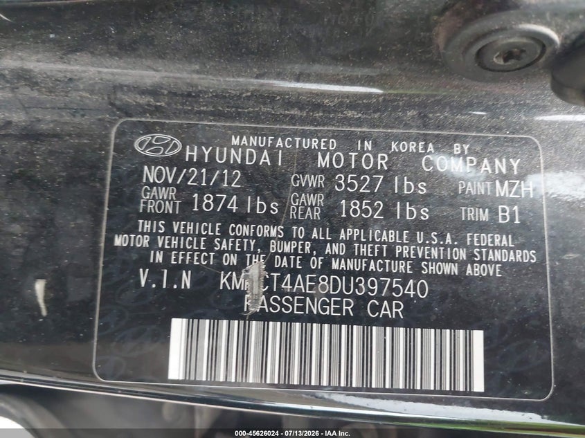 2013 Hyundai Accent VIN KMHCT4AE8DU397540 IAAI salvage auction — NORMAL WEAR, Salvage Title, sold $325 on 2026-07-23 (photo 9)