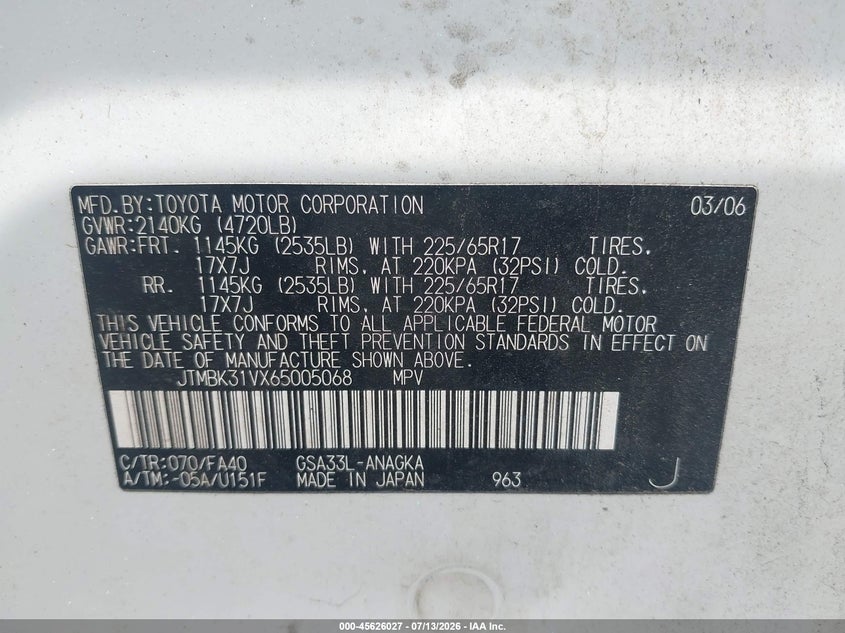 2006 Toyota Rav4 VIN JTMBK31VX65005068 IAAI salvage auction — NORMAL WEAR, Clear (New Jersey), sold $675 on 2026-07-29 (photo 9)