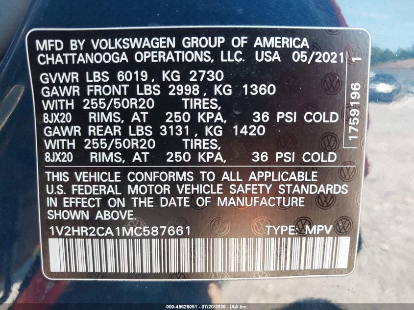 2021 Volkswagen Atlas VIN 1V2HR2CA1MC587661 IAAI salvage auction — LEFT SIDE, Salvage Title, sold $2,950 on 2026-09-03 (photo 9)