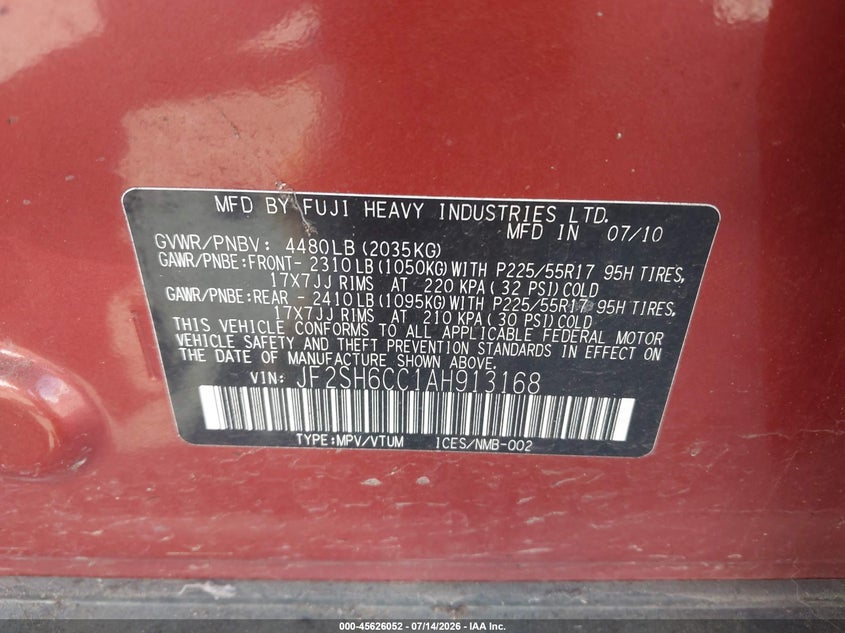 2010 Subaru Forester VIN JF2SH6CC1AH913168 IAAI salvage auction — FRONT END, Clear-Dealer Only (Oregon), sold $3,050 on 2026-07-30 (photo 9)