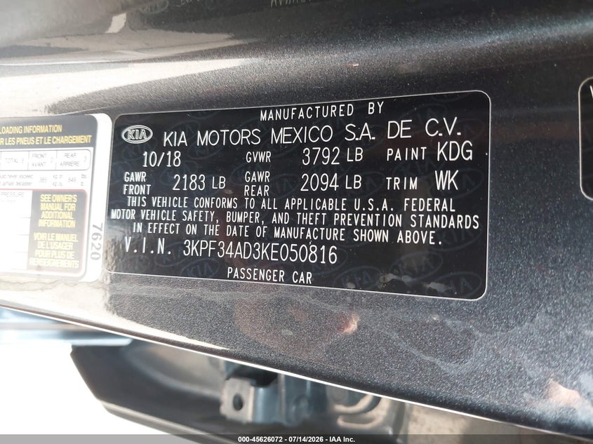 2019 Kia Forte VIN 3KPF34AD3KE050816 IAAI salvage auction — LEFT FRONT, Wait Title, sold $3,425 on 2026-09-11 (photo 9)