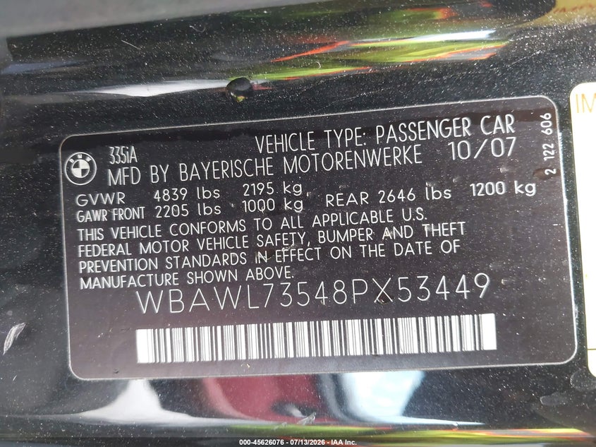 2008 BMW 3 series VIN WBAWL73548PX53449 IAAI salvage auction — NORMAL WEAR, Clear - Dealer Only (California), sold $275 on 2026-07-29 (photo 9)